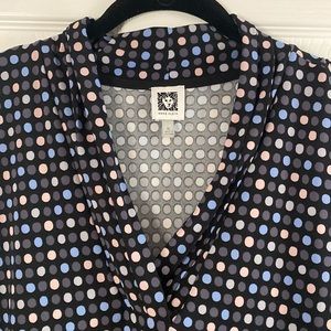 Anne Klein sleeveless blouse, light pink, blue & gray polka dots on black